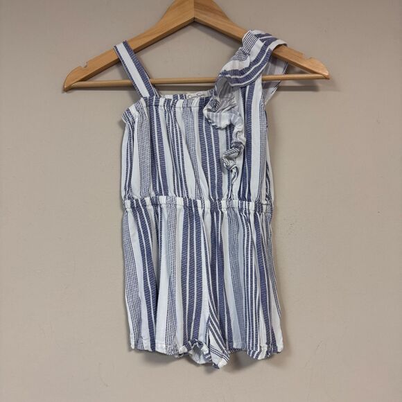 Jessica Simpson Blue White Stripe Romper Girls 6 Ruffle Shoulder Shorts Jumper - Picture 1 of 5